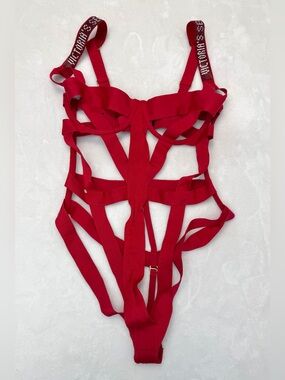 Victoria's Secret Red Shine Strap Caged Bodysuit Rhinestone Luxury Lingerie XS/S